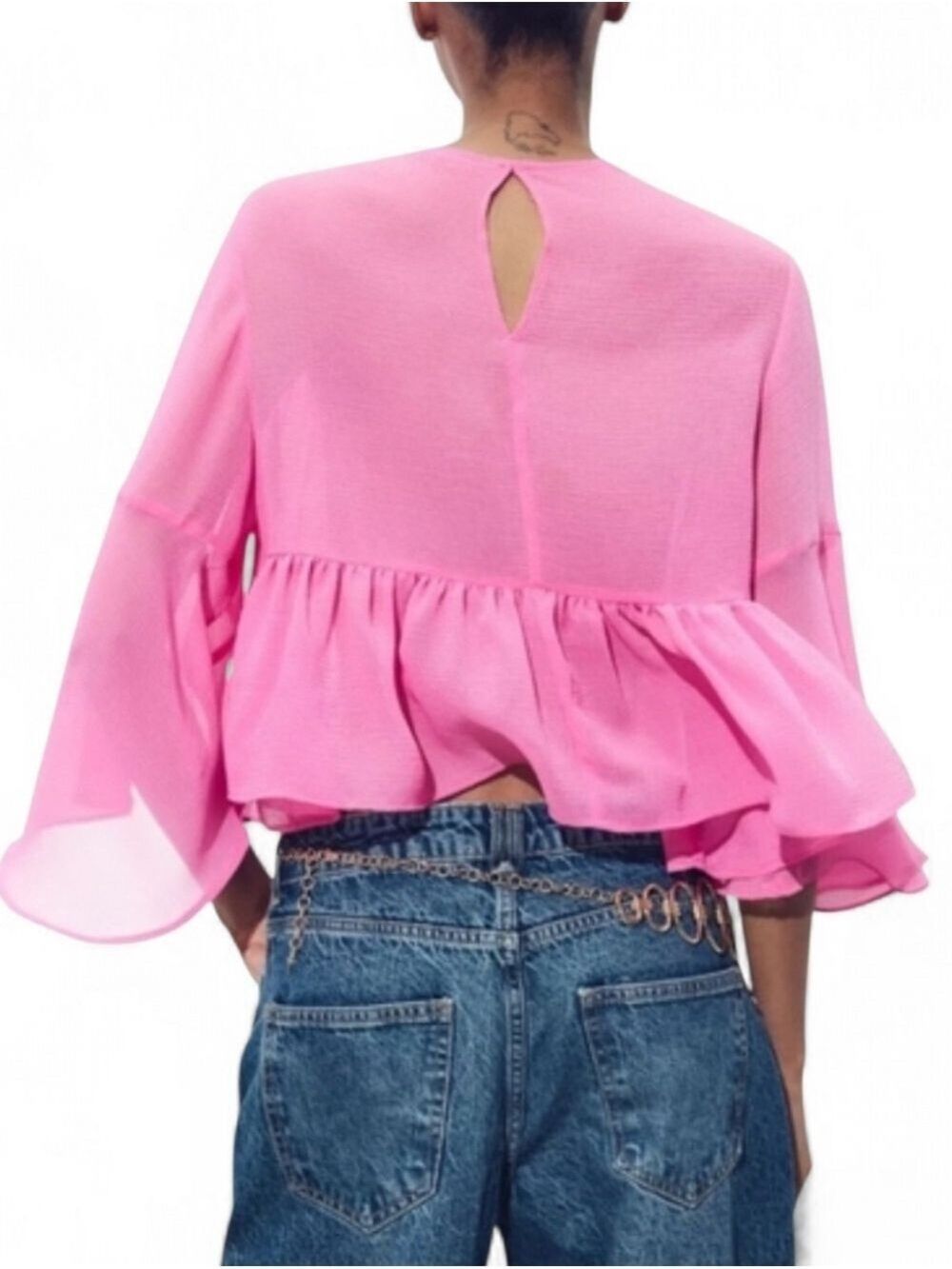 Zara Bubblegum Pink Chiffon Tiered Ruffle Blouse XS - Picture 3 of 9
